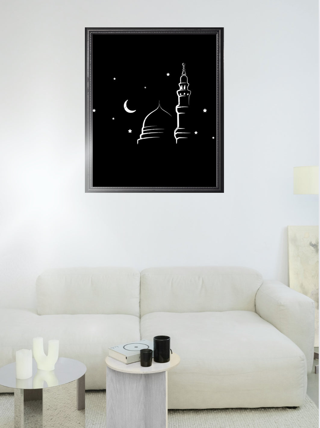 Minimalistisches Wandbild mit Rahmen – Moschee bei Nacht (Medina-Silhouette)
